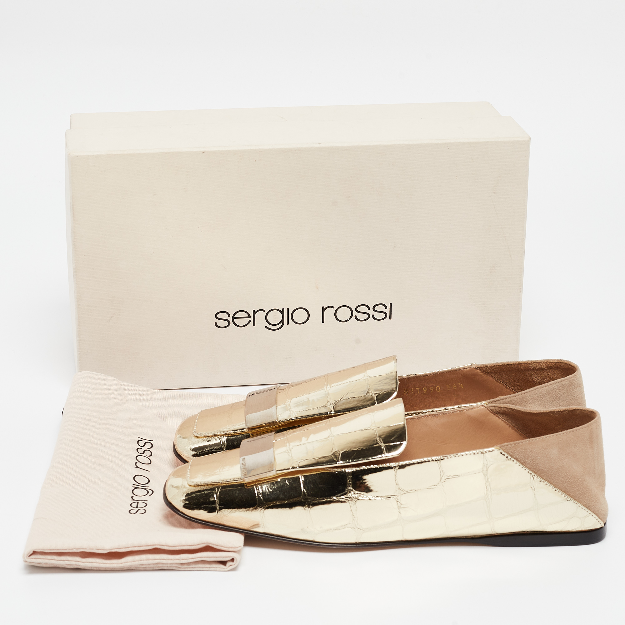 Sergio Rossi Gold/Beige Croc Embossed Patent Leather And Suede SR1 Collapsible Loafers Size 36.5