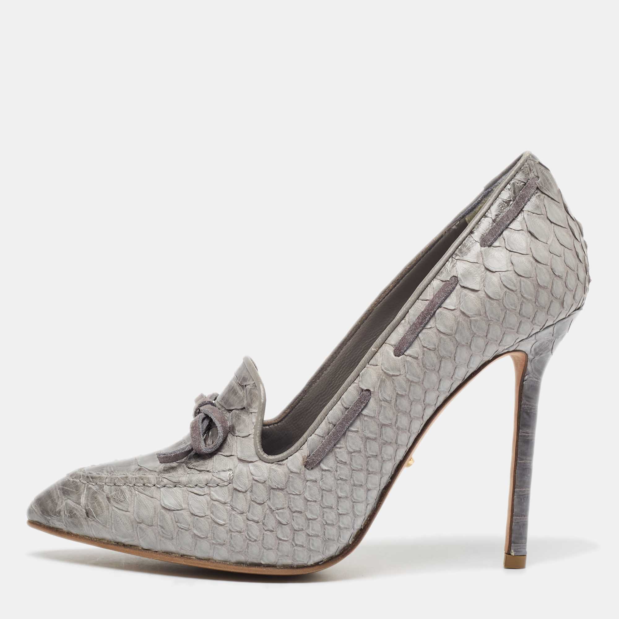 Sergio rossi grey python bow loafer pumps size 38.5