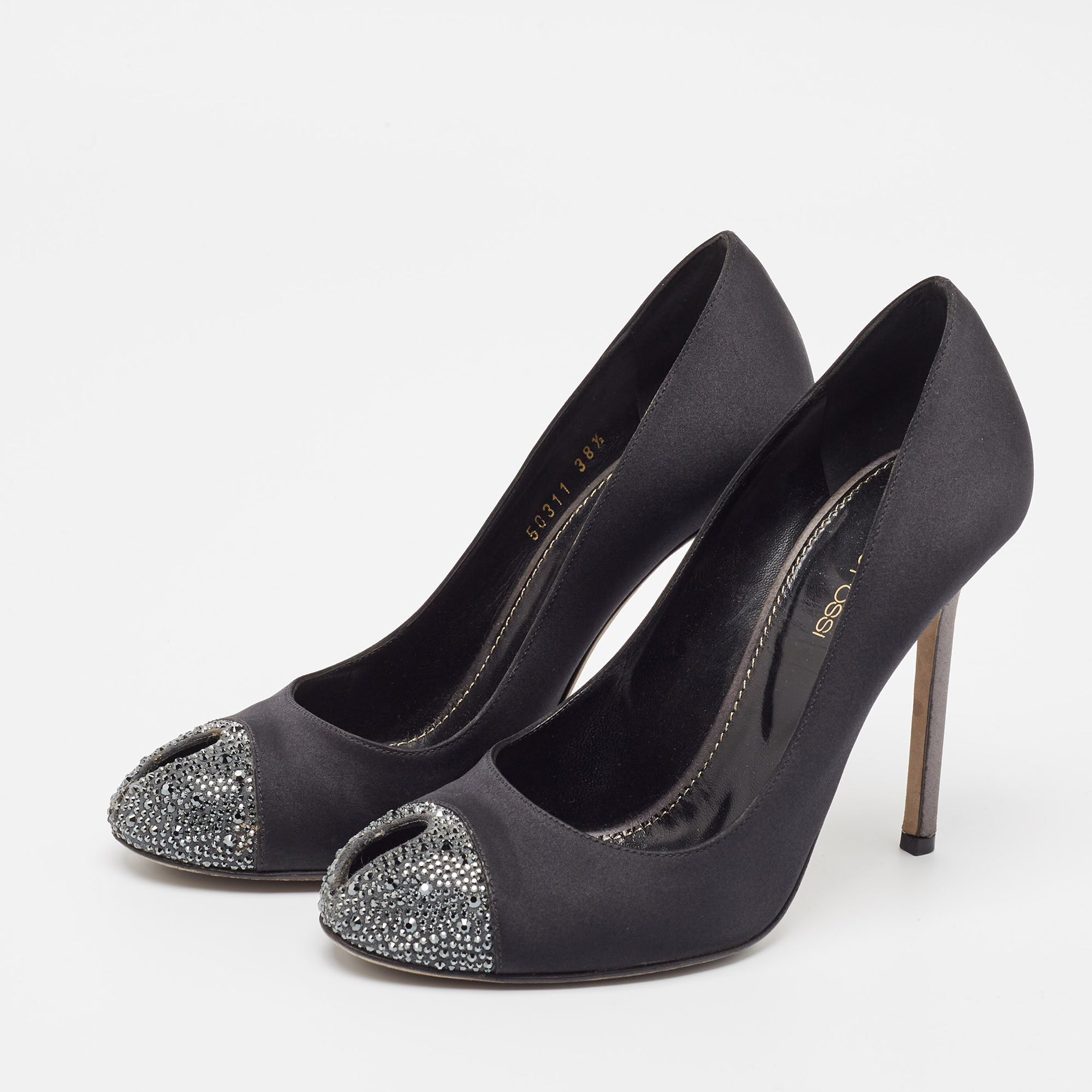 Sergio Rossi Black/Grey Satin Crystal Embellished Peep Toe Pumps Size 38.5