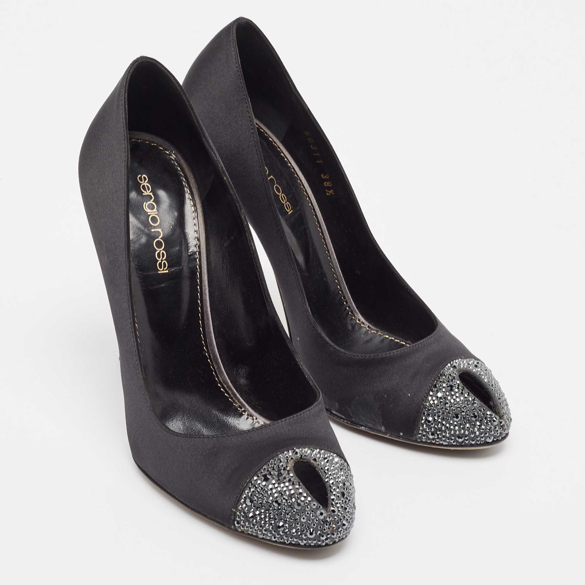 Sergio Rossi Black/Grey Satin Crystal Embellished Peep Toe Pumps Size 38.5