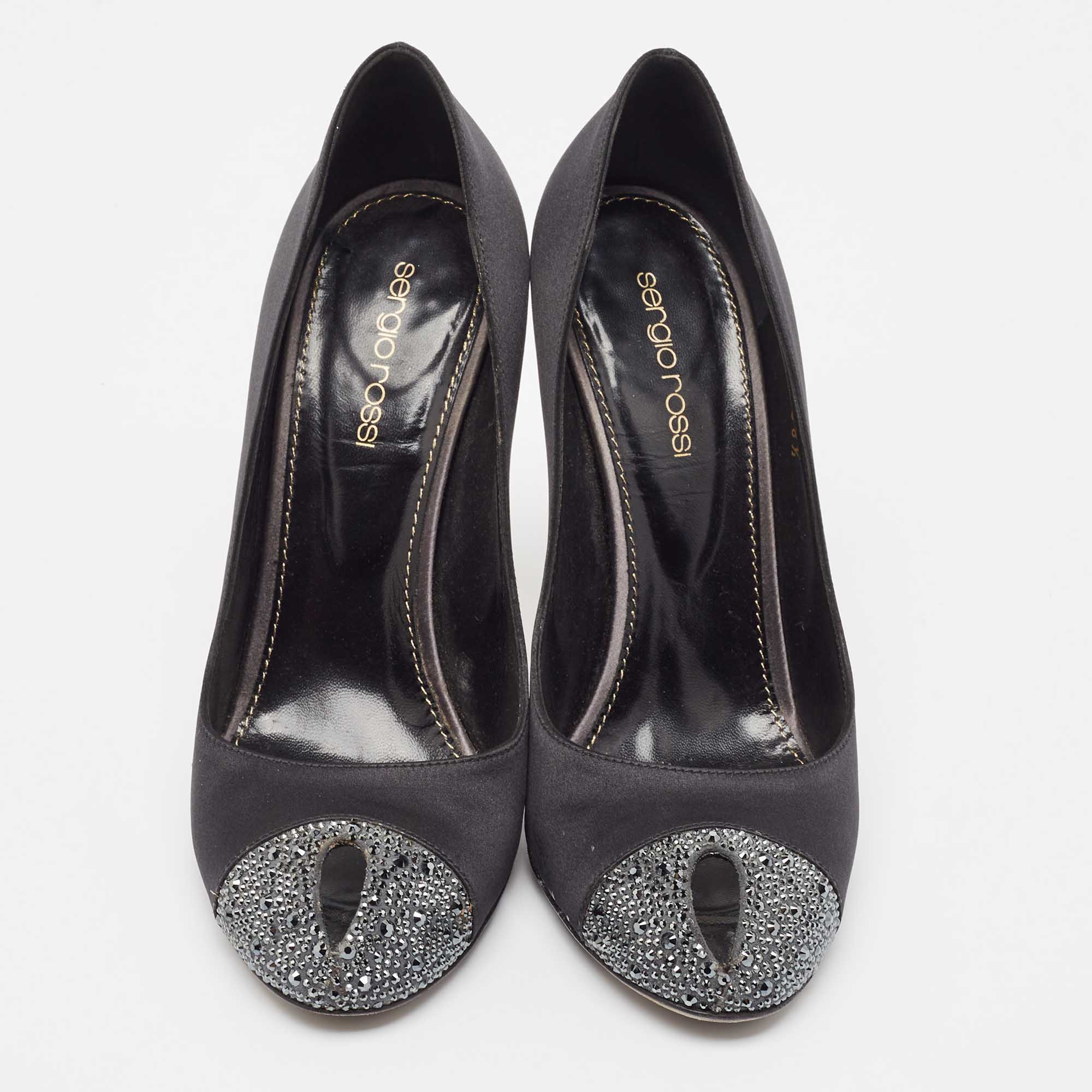 Sergio Rossi Black/Grey Satin Crystal Embellished Peep Toe Pumps Size 38.5