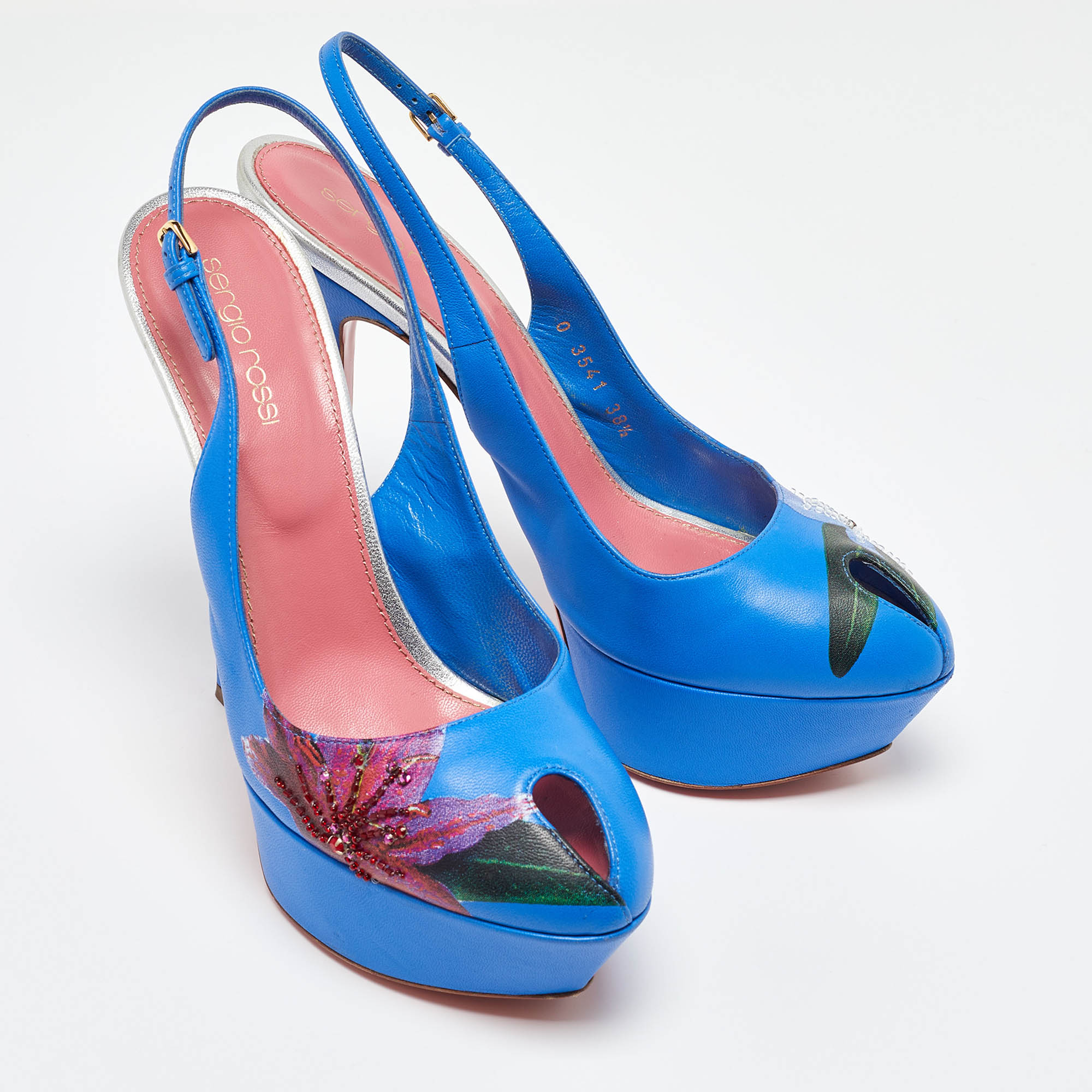 Sergio Rossi Blue Leather Peep Toe Platform Slingback Pumps Size 38.5