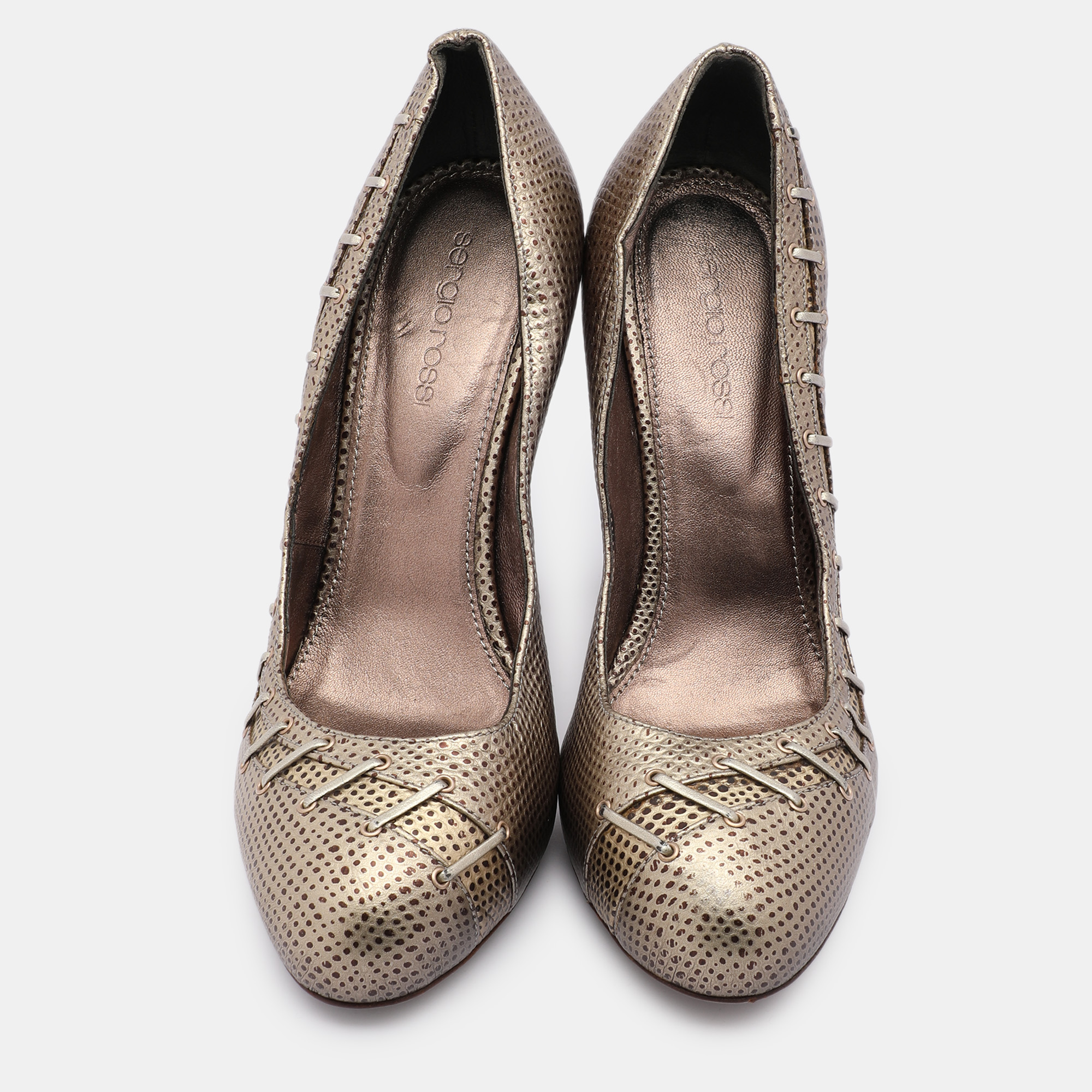 Sergio Rossi Silver/Brown Lizard Embossed Leather Embellished Pumps 37