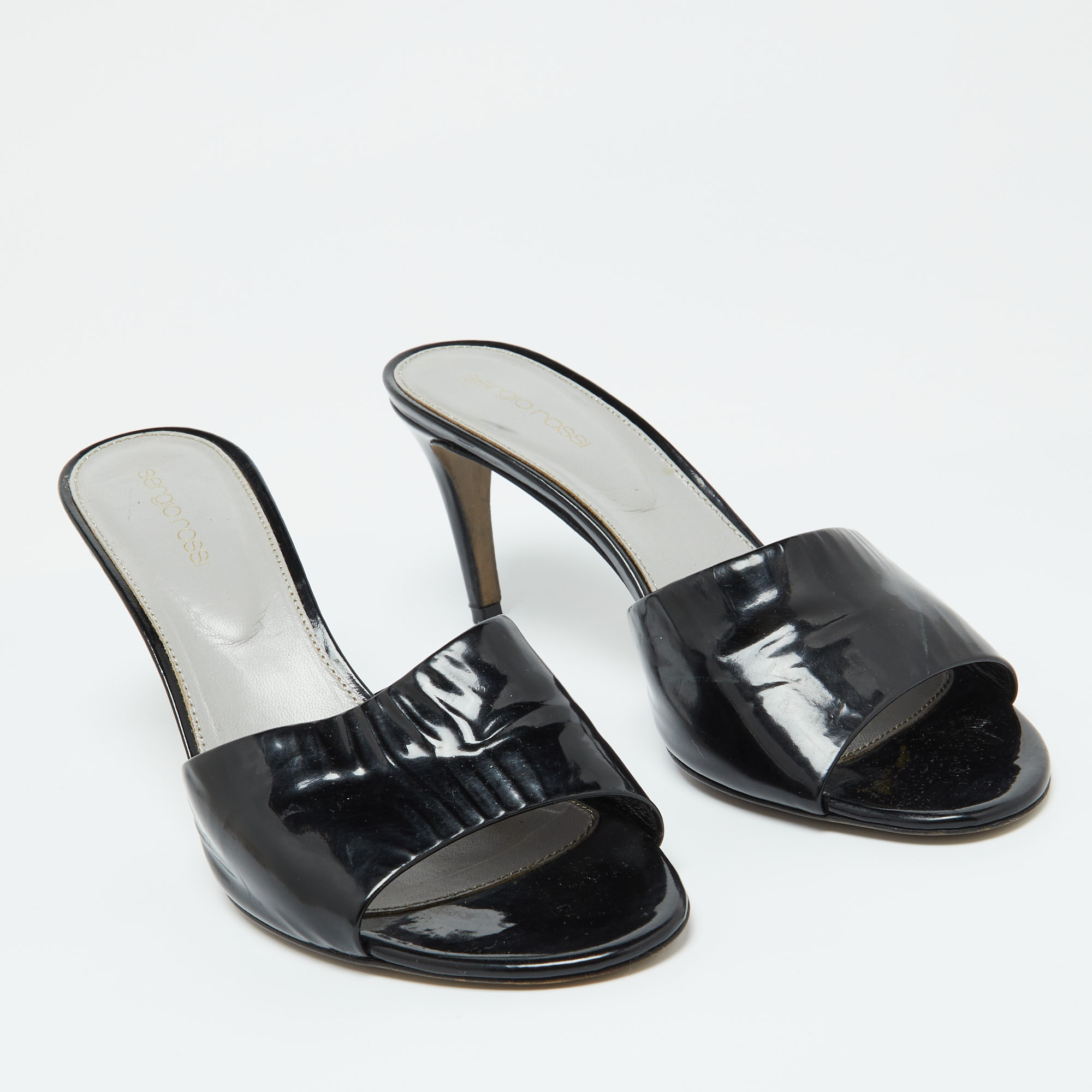 Sergio Rossi Black Patent Leather Slide Sandals Size 40