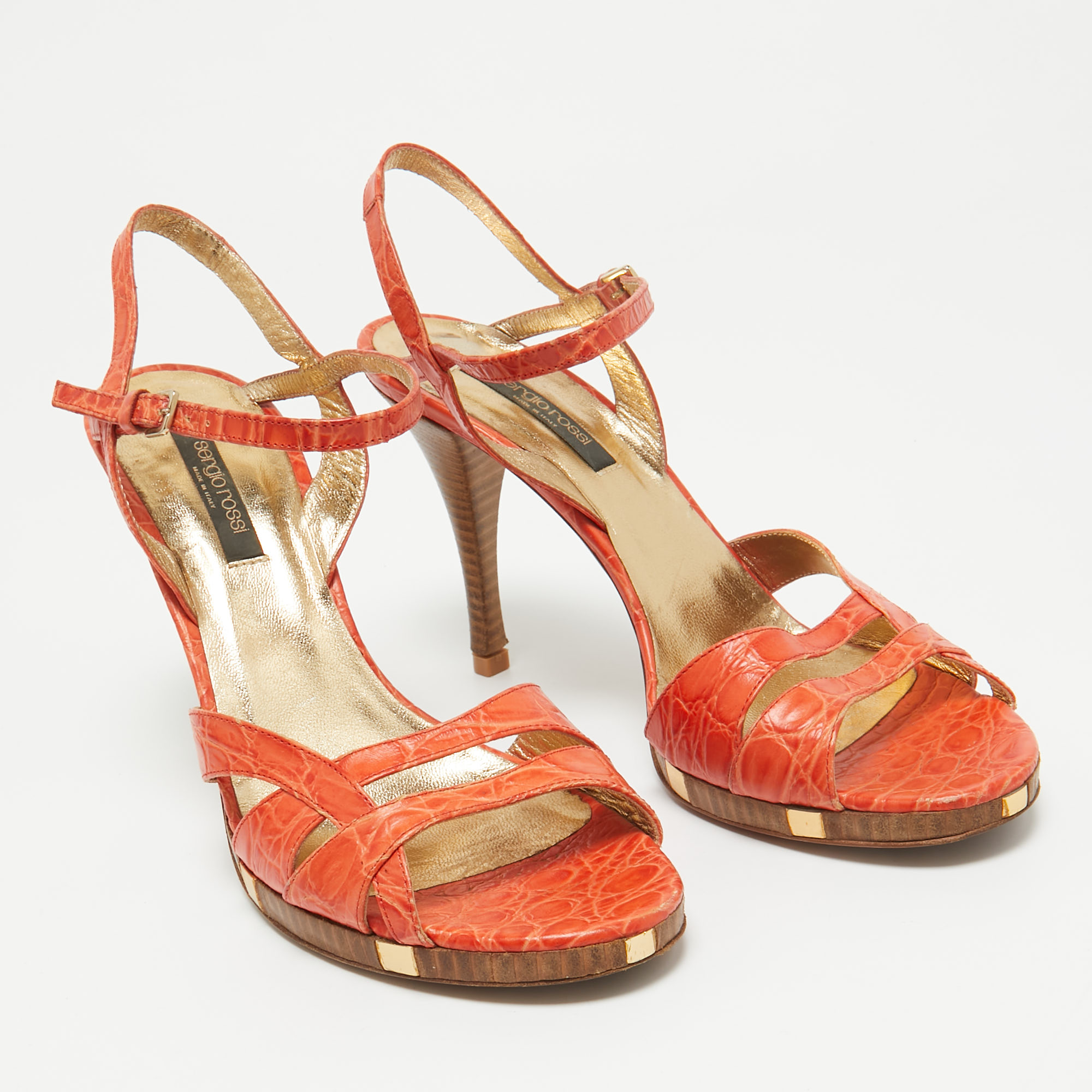 Sergio Rossi Orange Croc Embossed Leather Ankle Strap Sandals Size 40.5