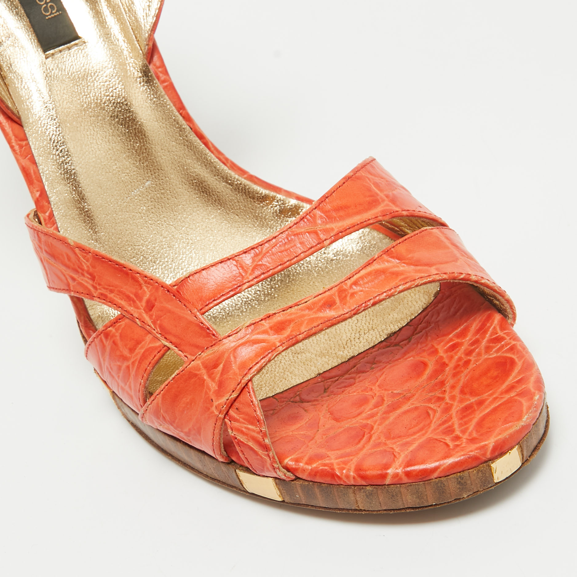 Sergio Rossi Orange Croc Embossed Leather Ankle Strap Sandals Size 40.5