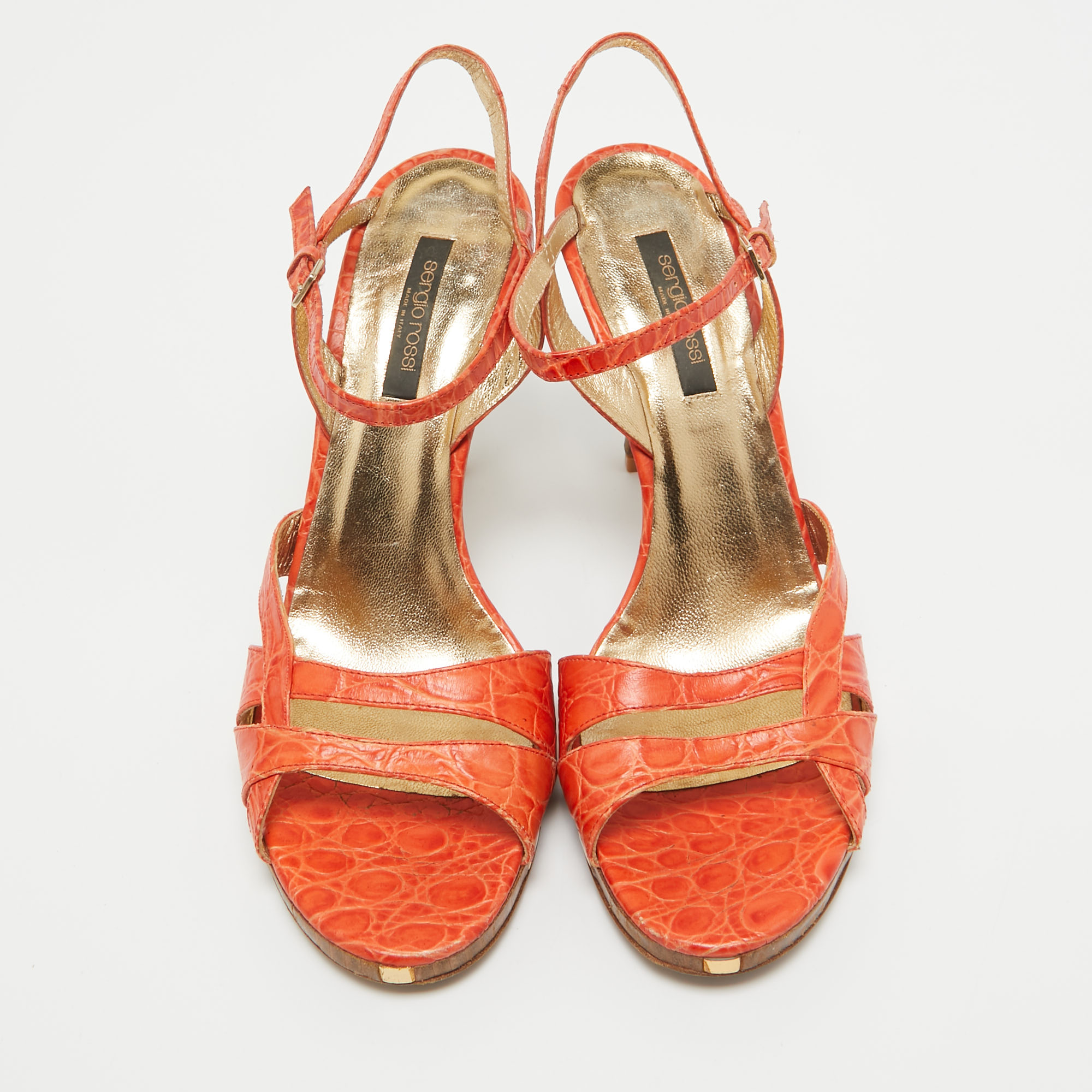 Sergio Rossi Orange Croc Embossed Leather Ankle Strap Sandals Size 40.5