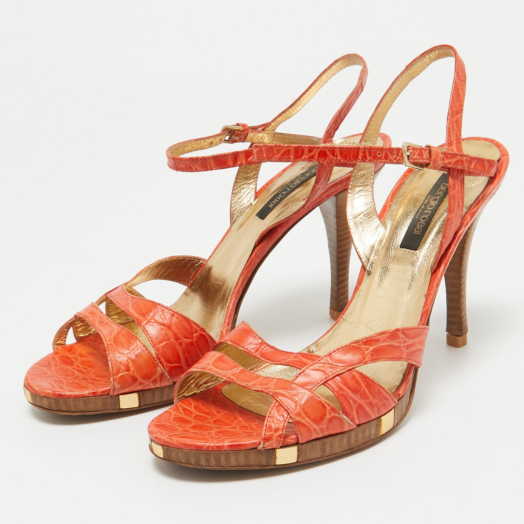 Sergio Rossi Orange Croc Embossed Leather Ankle Strap Sandals Size 40.5