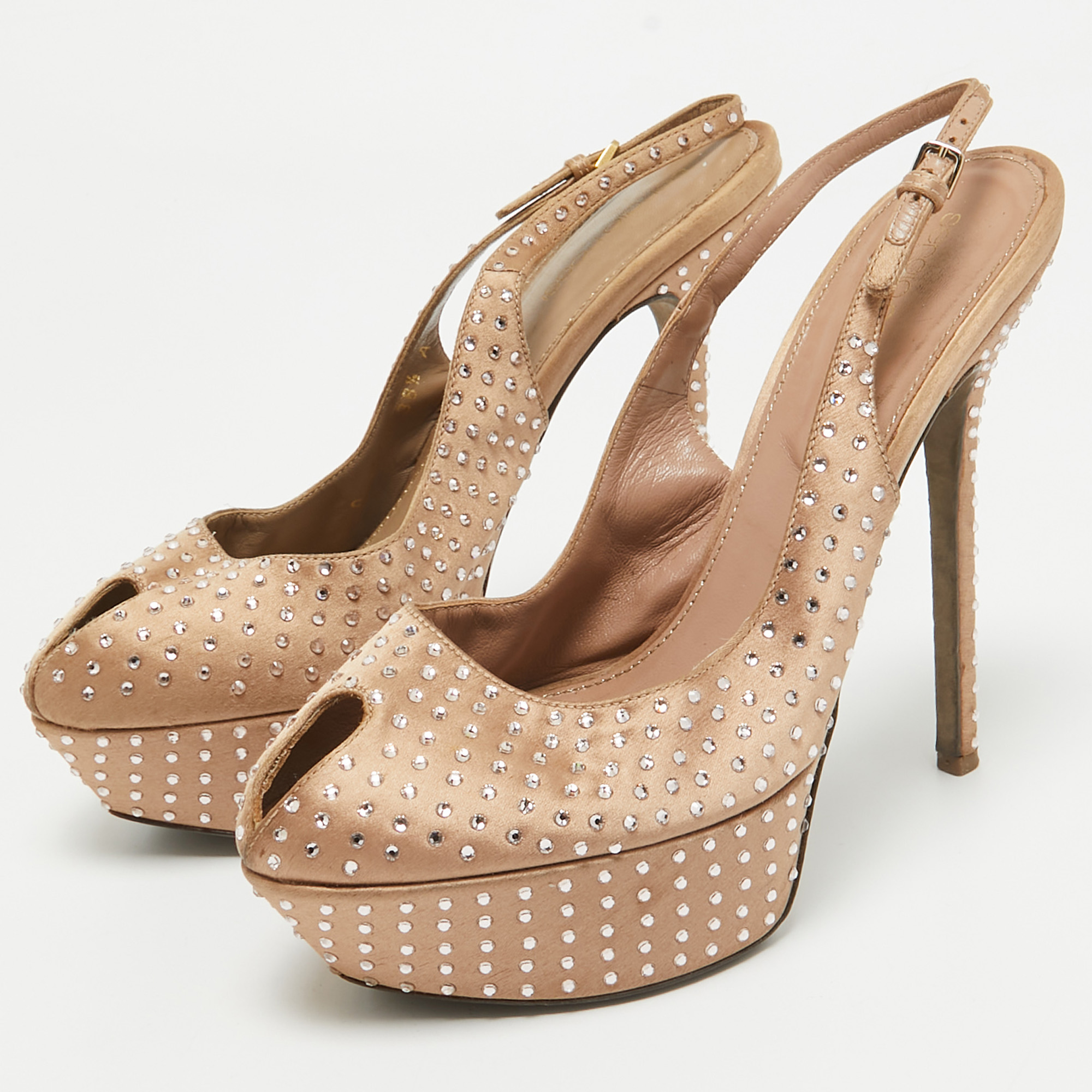 Sergio Rossi Light Brown Crystal Embellished Satin Peep Toe Platform Slingback Pumps Size 38.5