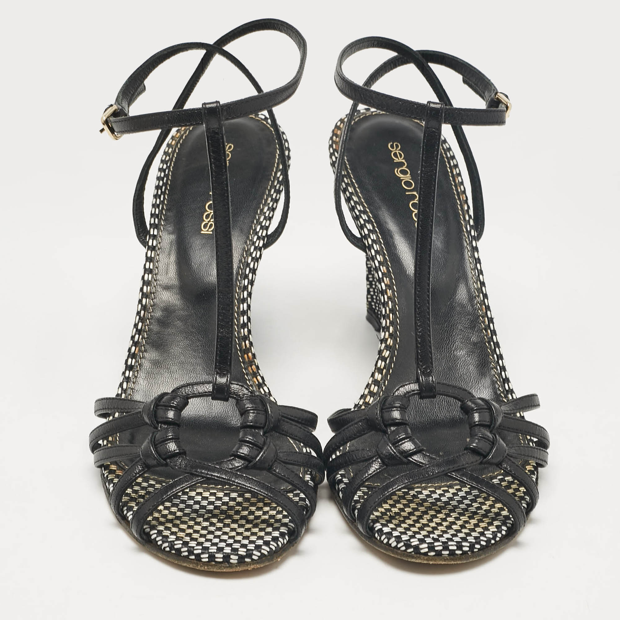 Sergio Rossi Black/White Leather Wedge Sandals Size 38.5