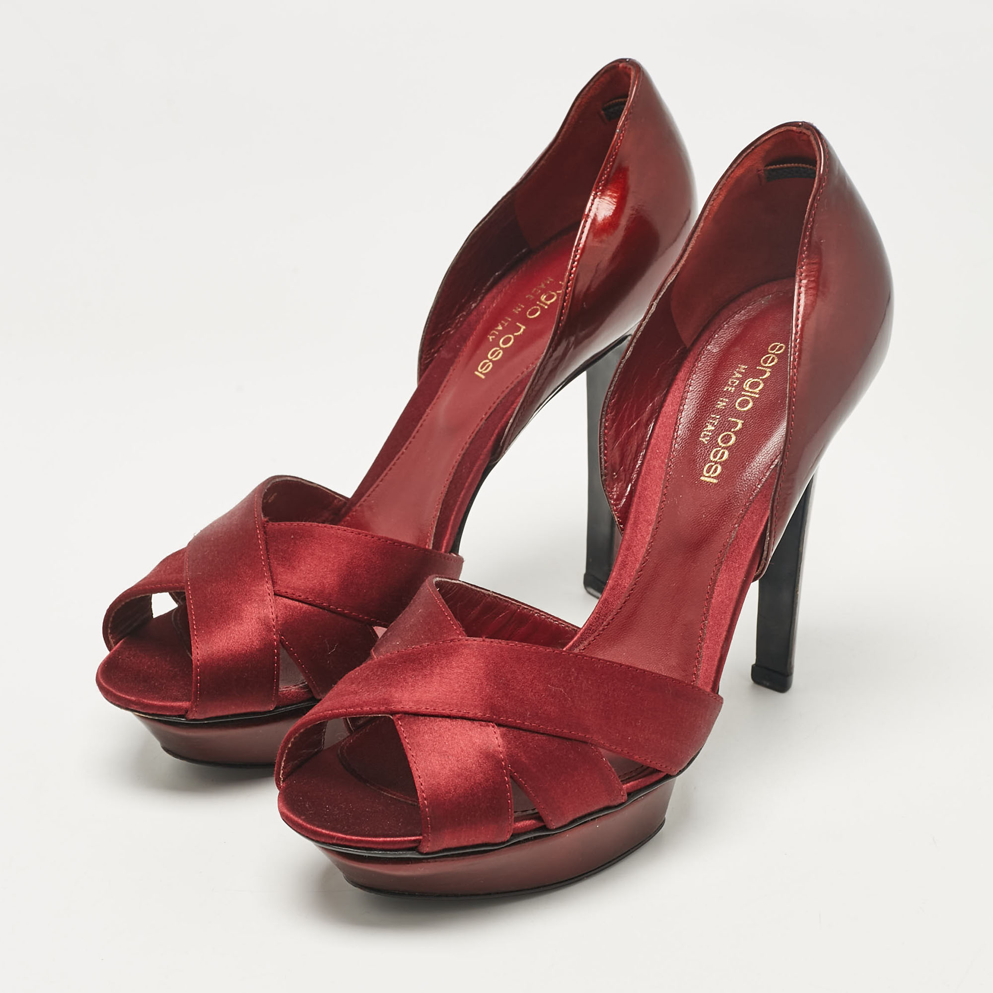 Sergio Rossi Burgundy Leather And Satin Peep Toe Pumps Size 38