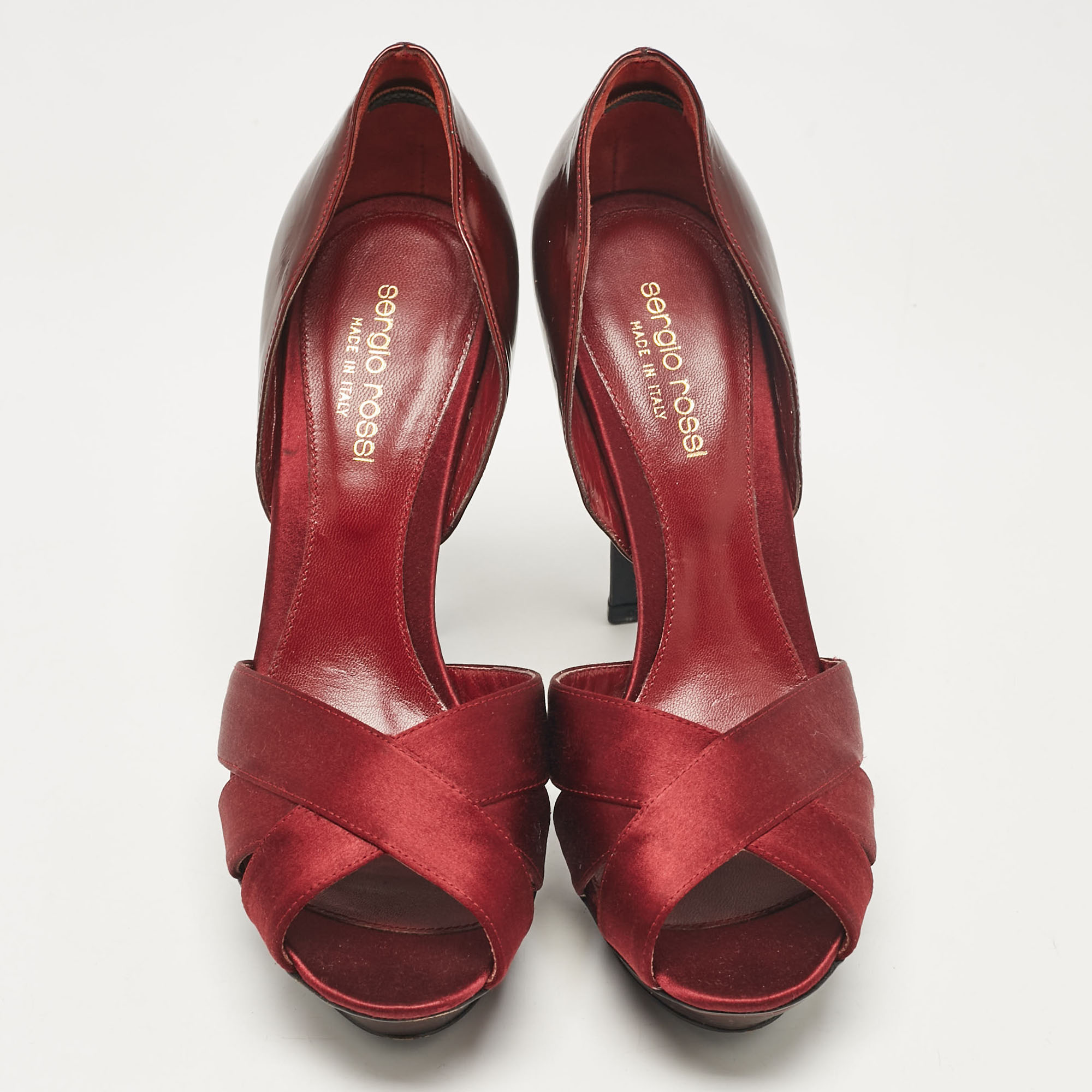 Sergio Rossi Burgundy Leather And Satin Peep Toe Pumps Size 38