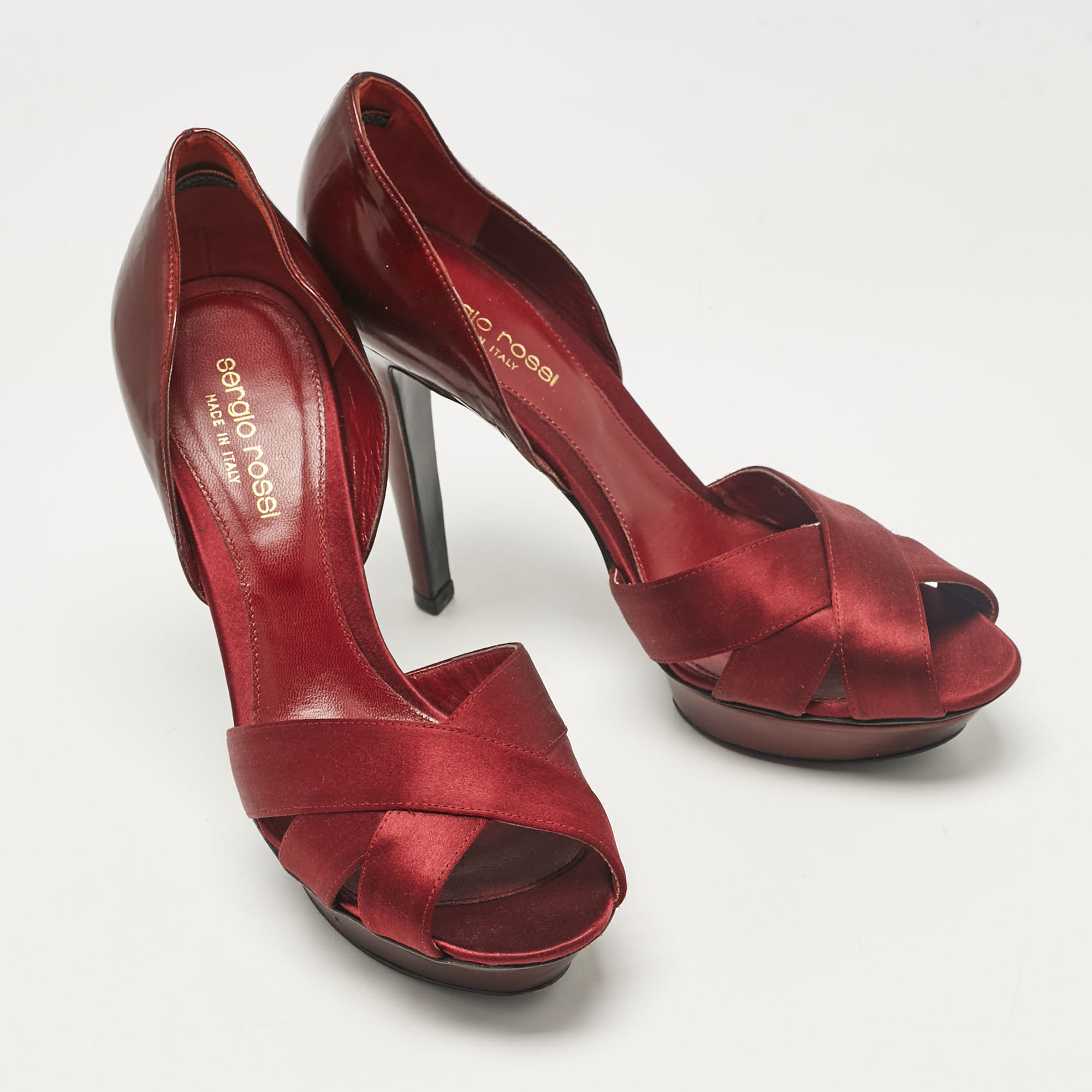 Sergio Rossi Burgundy Leather And Satin Peep Toe Pumps Size 38