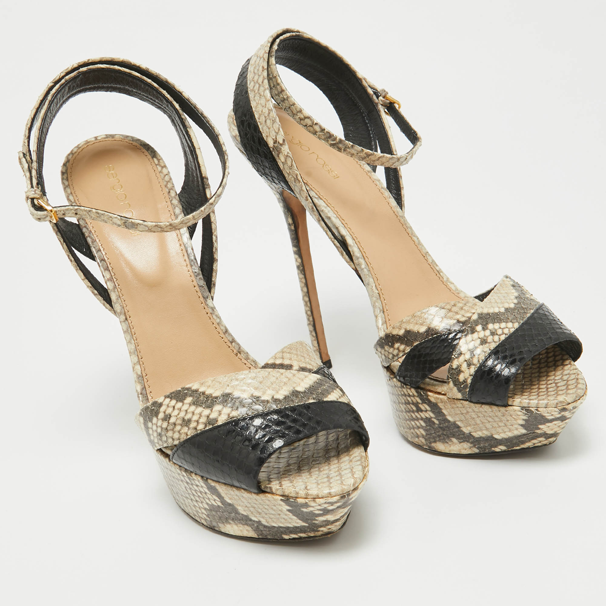 Sergio Rossi Grey Python Embossed Leather Ankle Strap Sandals Size 41