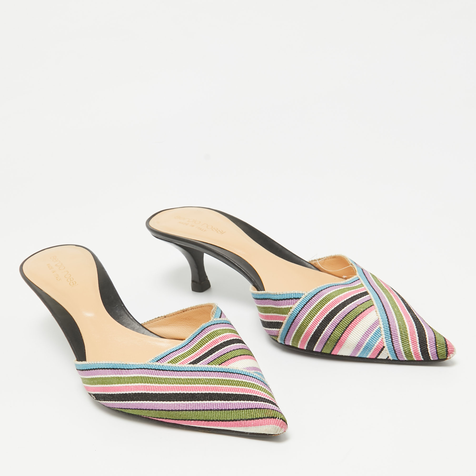 Sergio Rossi Multicolor Striped Fabric Mules Size 38.5