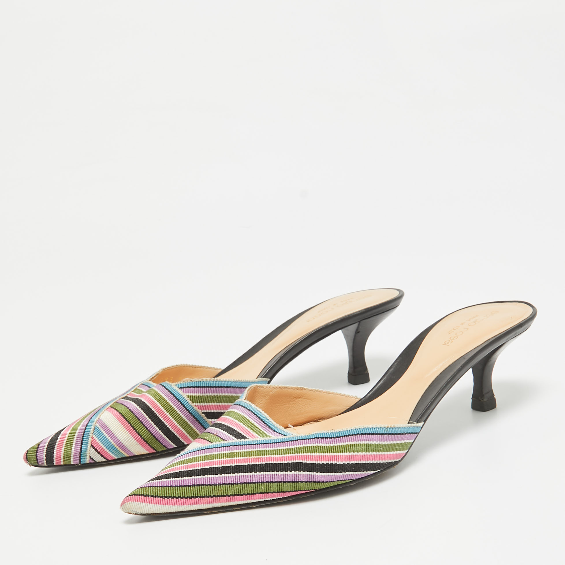 Sergio Rossi Multicolor Striped Fabric Mules Size 38.5