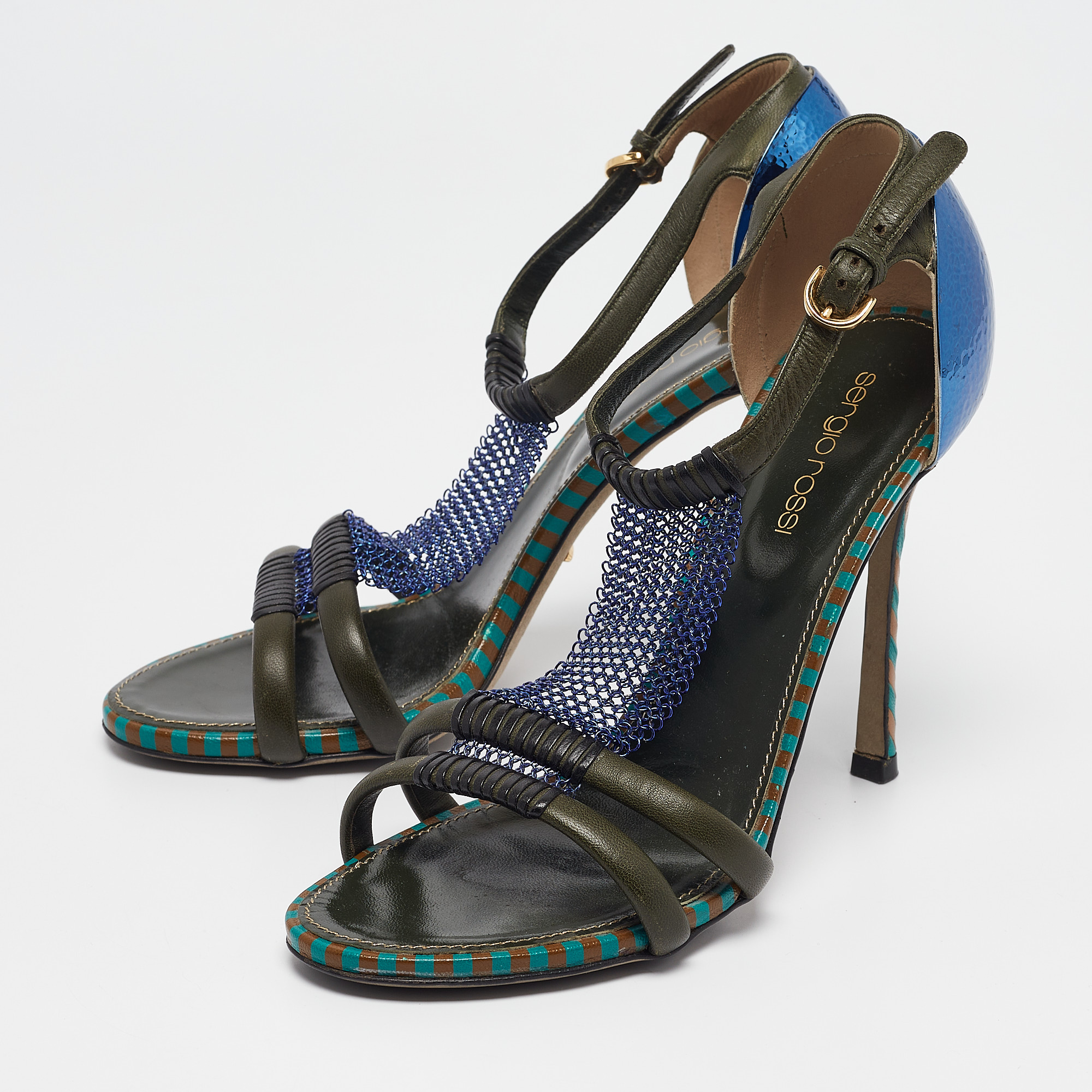 Sergio Rossi Green Leather And Mesh Ankle Strap Sandals Size 37.5