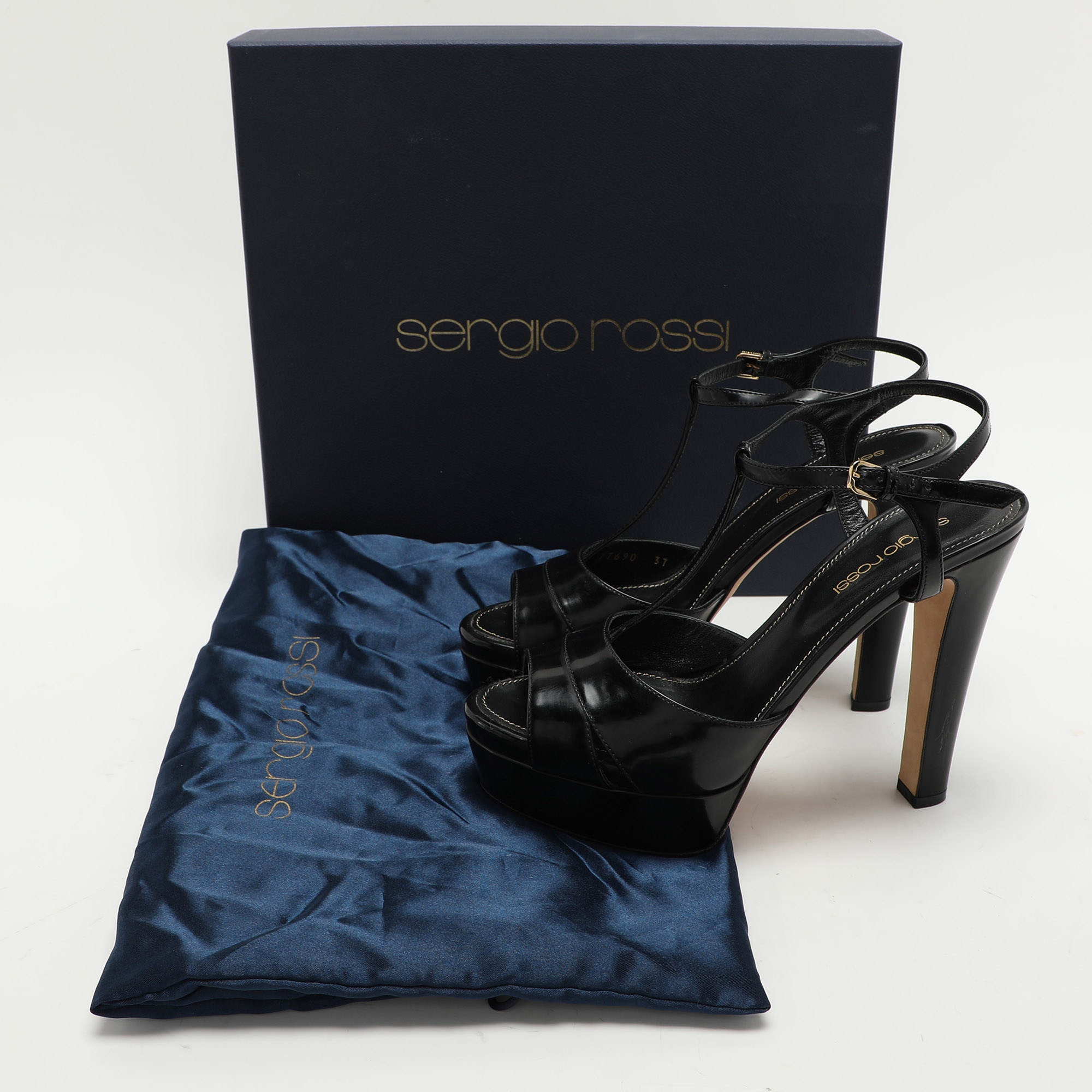 Sergio Rossi Black Leather Edwige Platform Ankle Strap Sandals Size 37