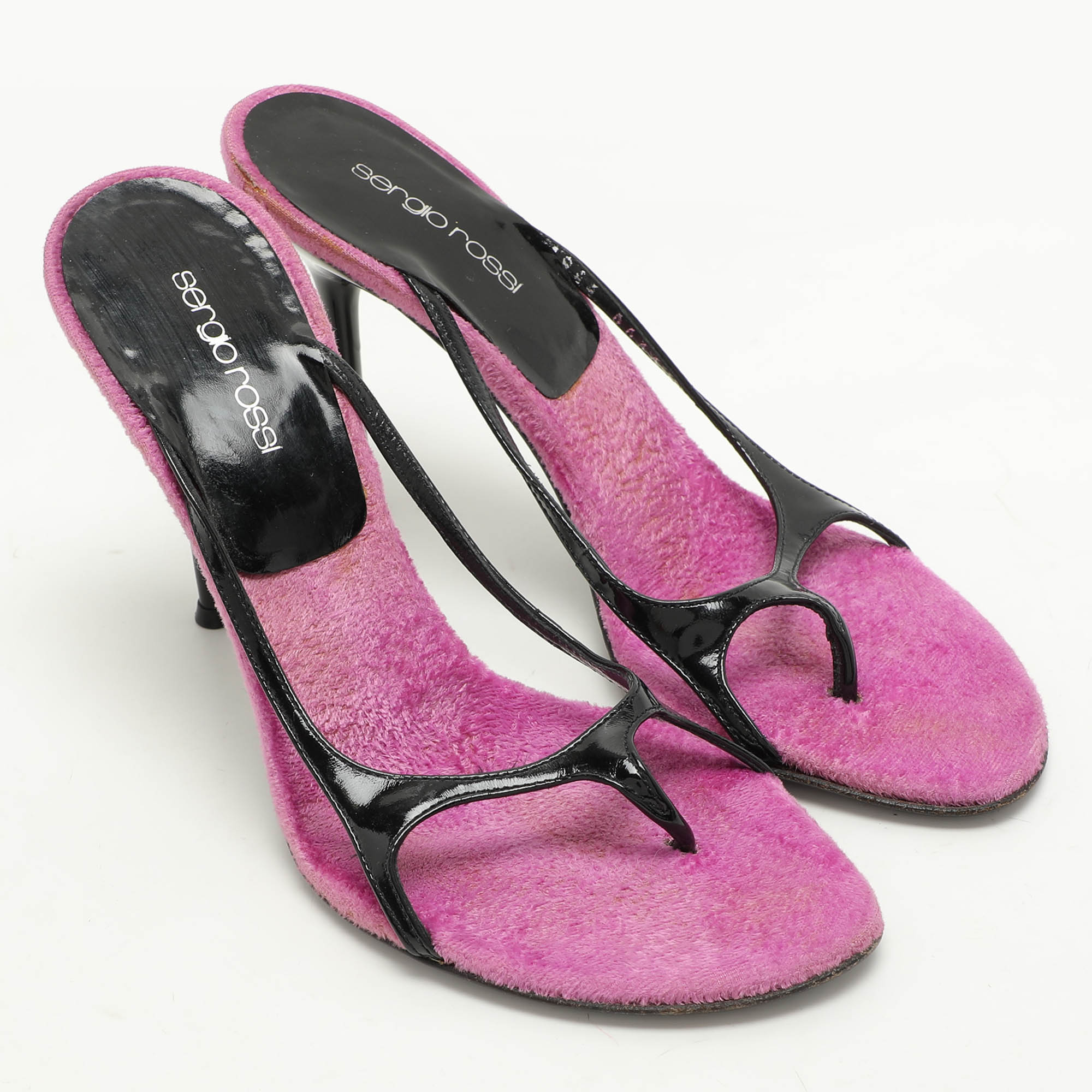 Sergio Rossi Black/Pink Patent Leather Slide Sandals Size 37.5