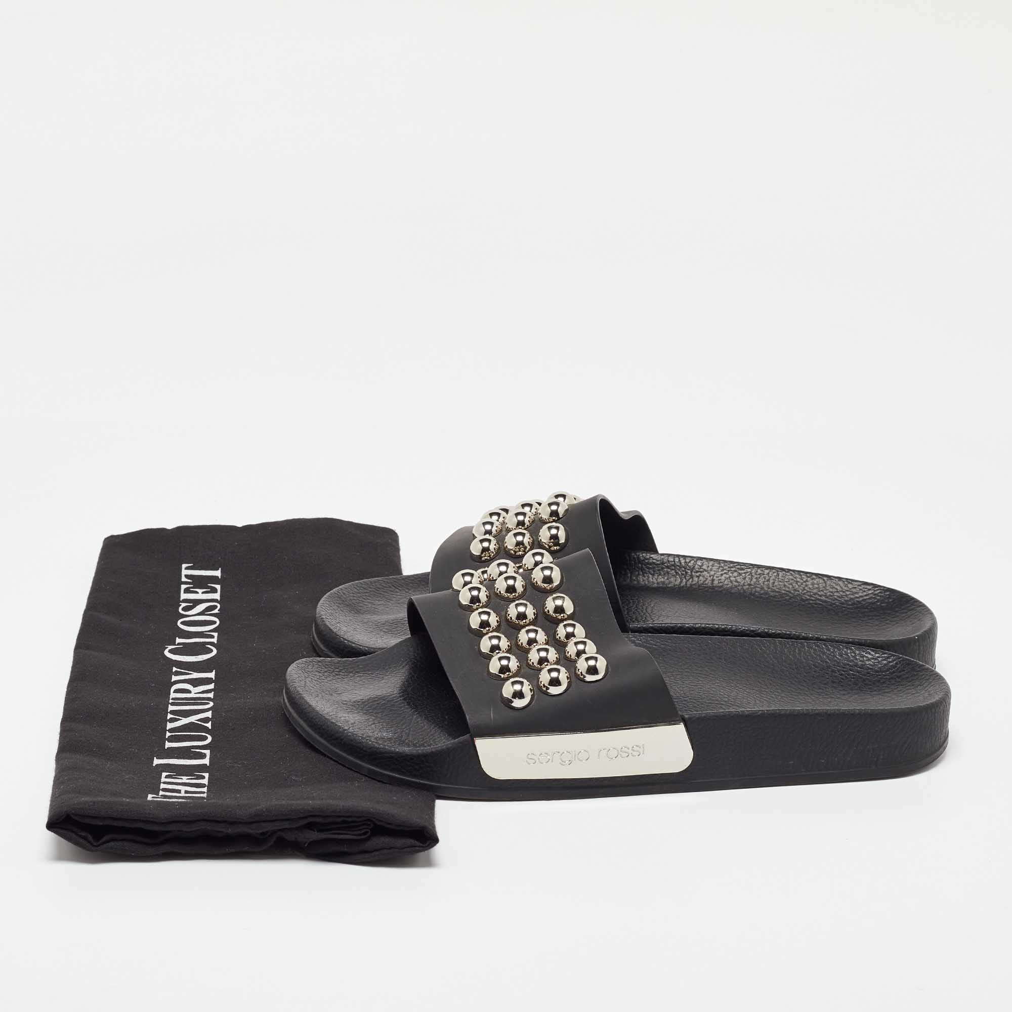 Sergio Rossi Black Rubber Studded Pool Slides Size 39