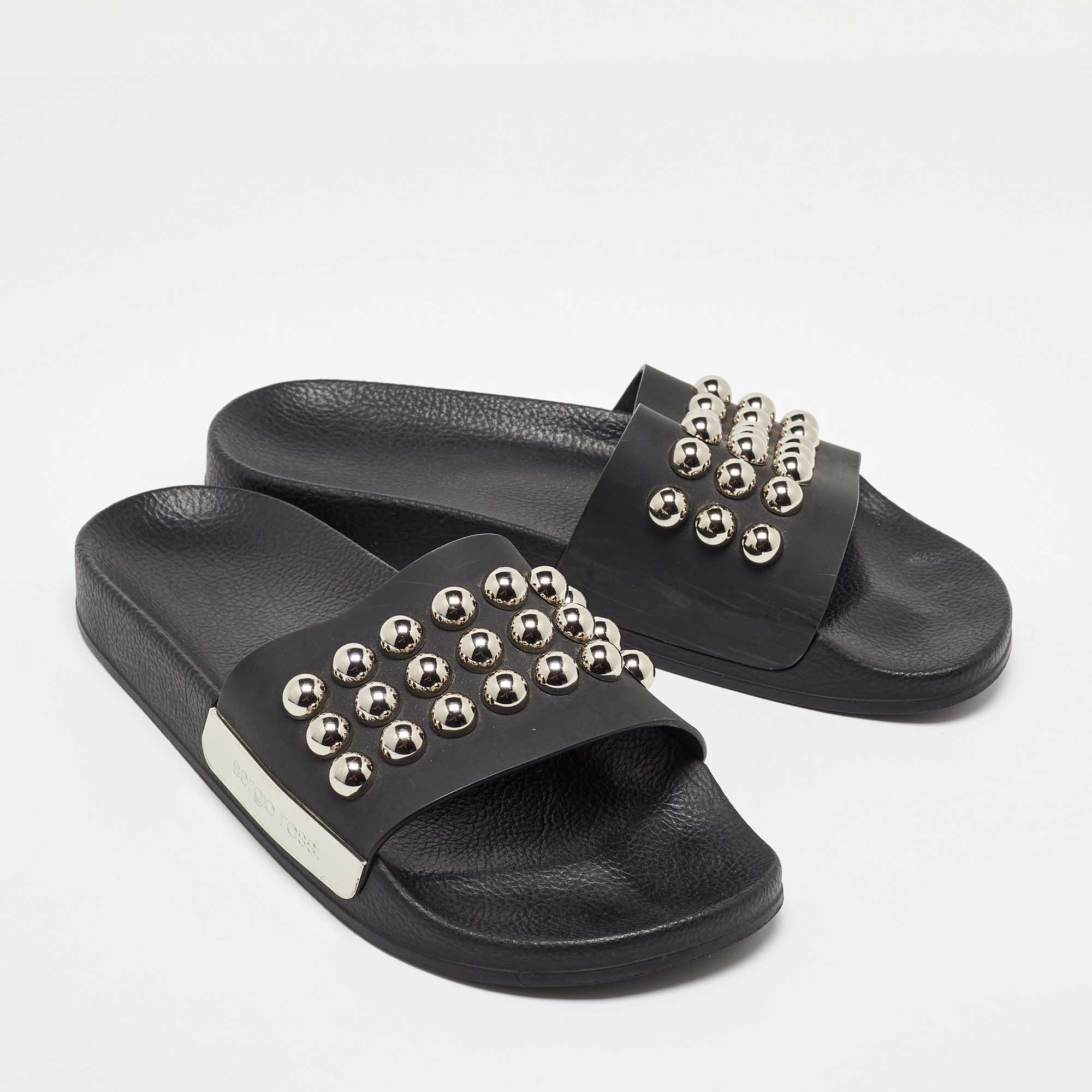 Sergio Rossi Black Rubber Studded Pool Slides Size 39