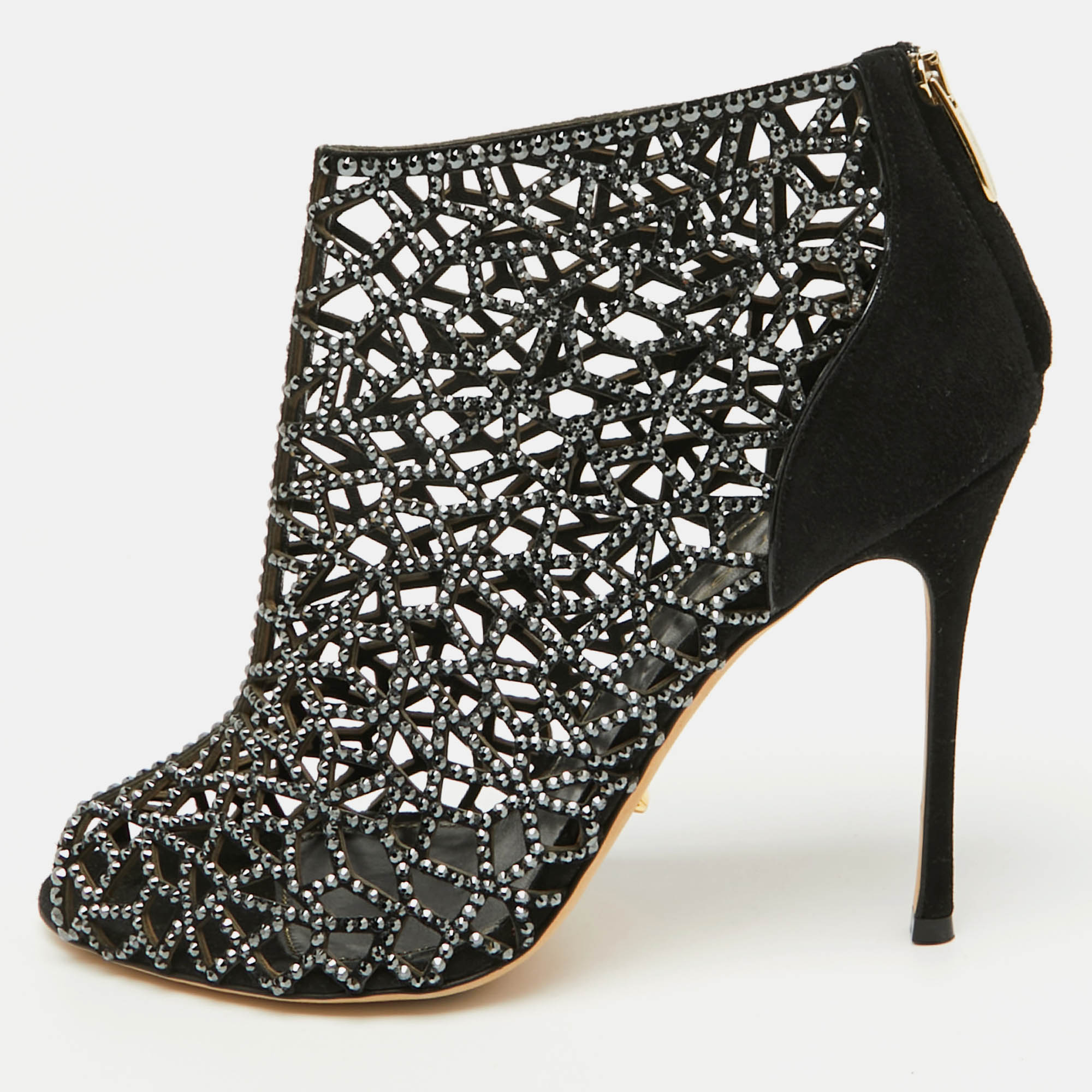 Sergio Rossi Black Suede Crystal Embellished Peep Toe Caged Booties Size 37.5