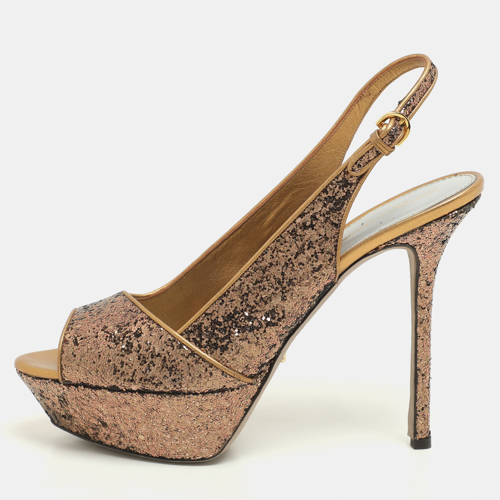 Sergio Rossi Metallic Glitter Slingback Platform Sandals Size 40.5