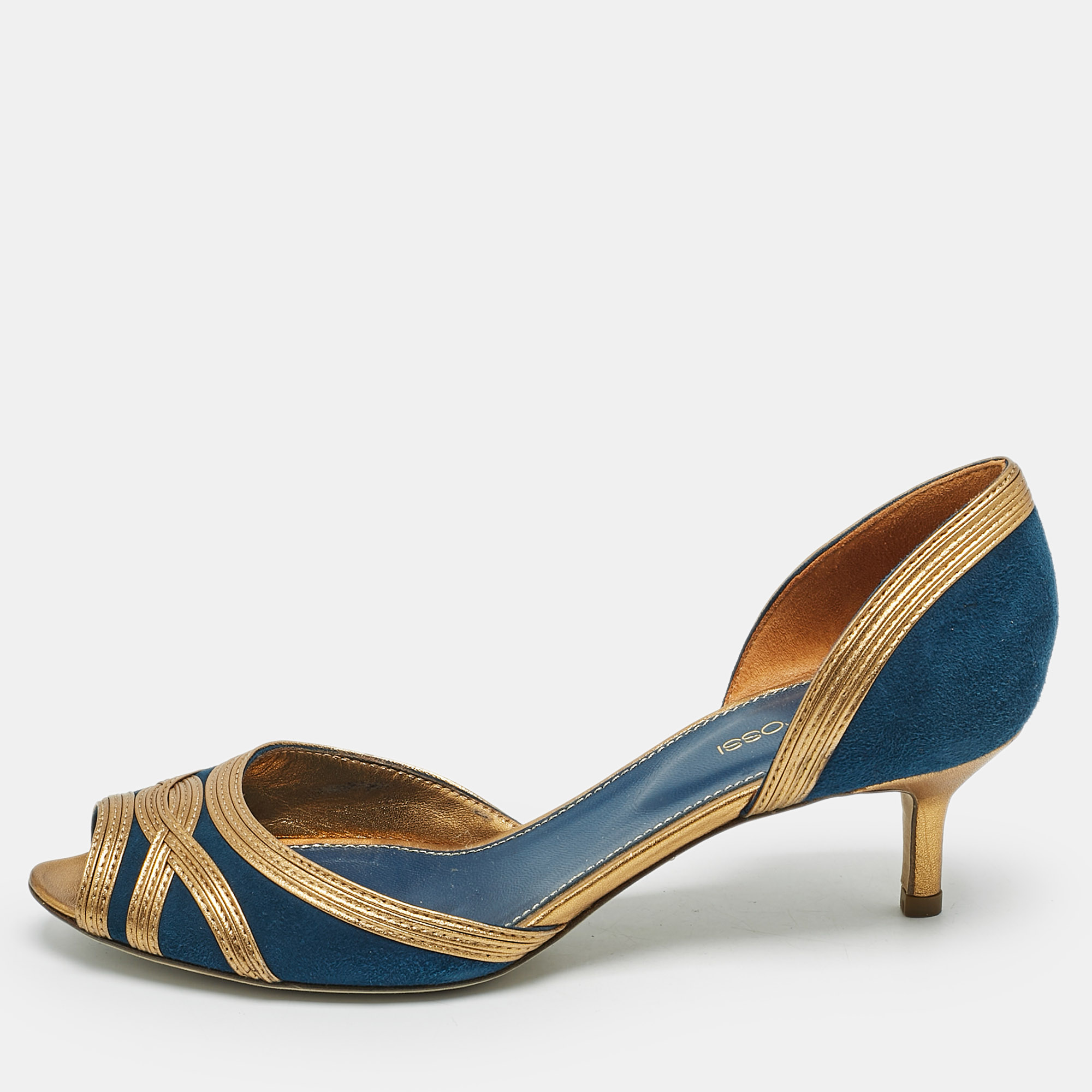 Sergio Rossi Navy Blue/Gold Leather and Suede Peep Toe Pumps Size
Sergio Rossi Navy Blue/Gold Leather and Suede Peep Toe Pumps Size