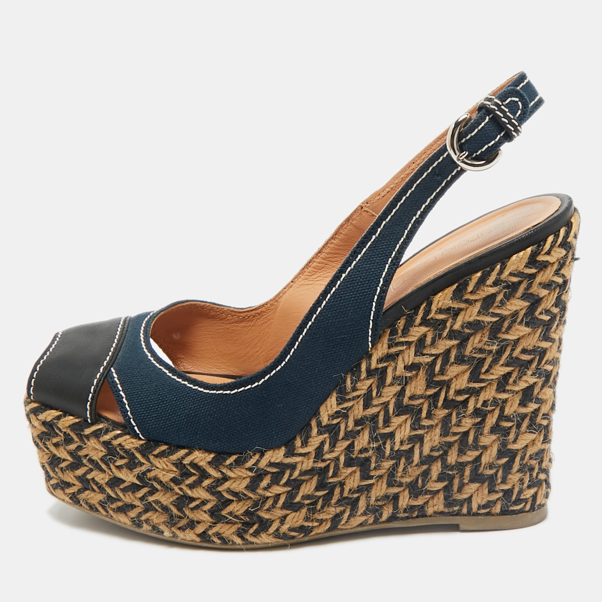 Sergio Rossi Navy Blue/Black Canvas and Leather Wedge Sandals Size
Sergio Rossi Navy Blue/Black Canvas and Leather Wedge Sandals Size