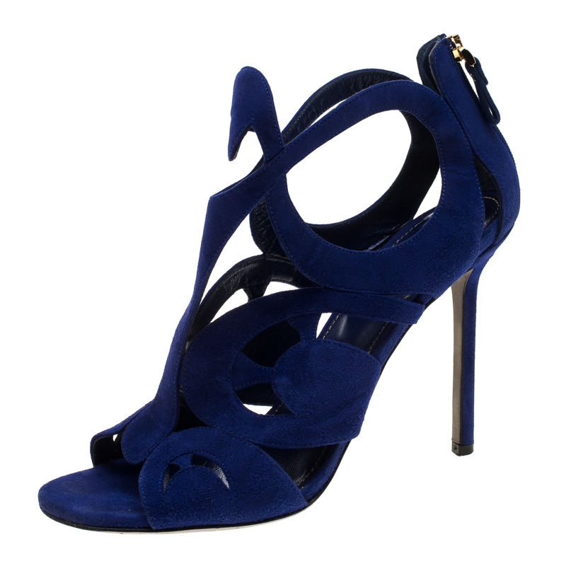 Image of Sergio Rossi Blue Suede Cutout Sandals Size .