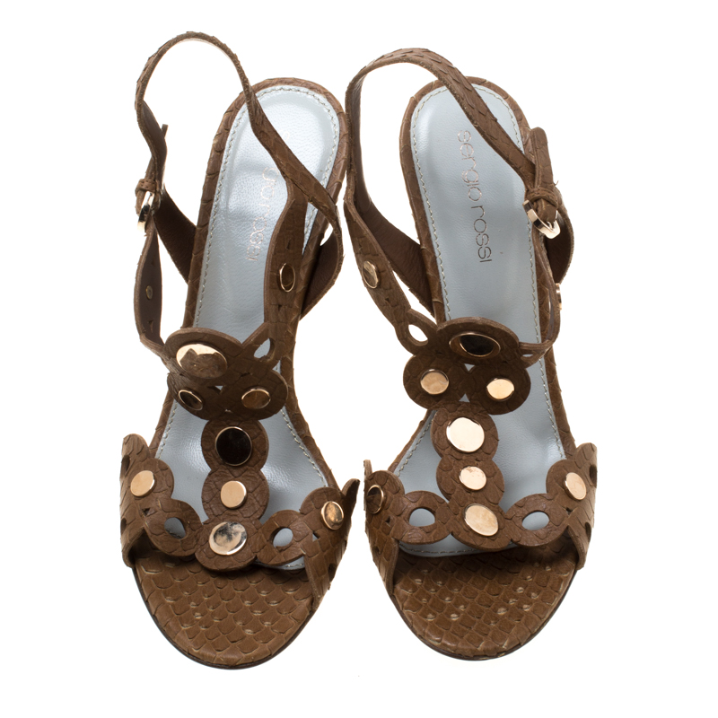 Sergio Rossi Brown Python Studded T Strap Sandals Size 36.5