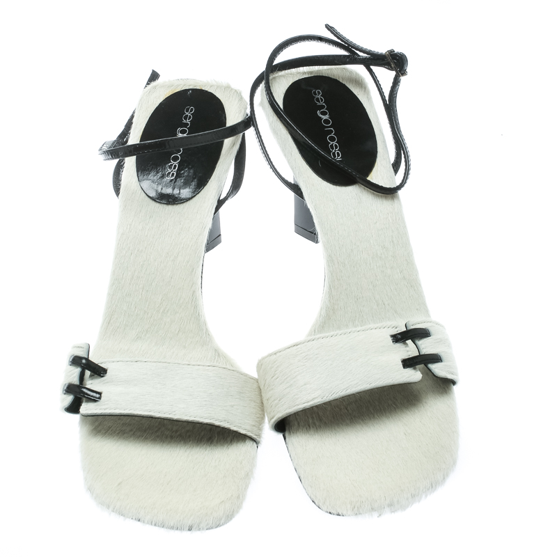 Sergio Rossi White Pony Hair Ankle Wrap Sandals Size 38.5