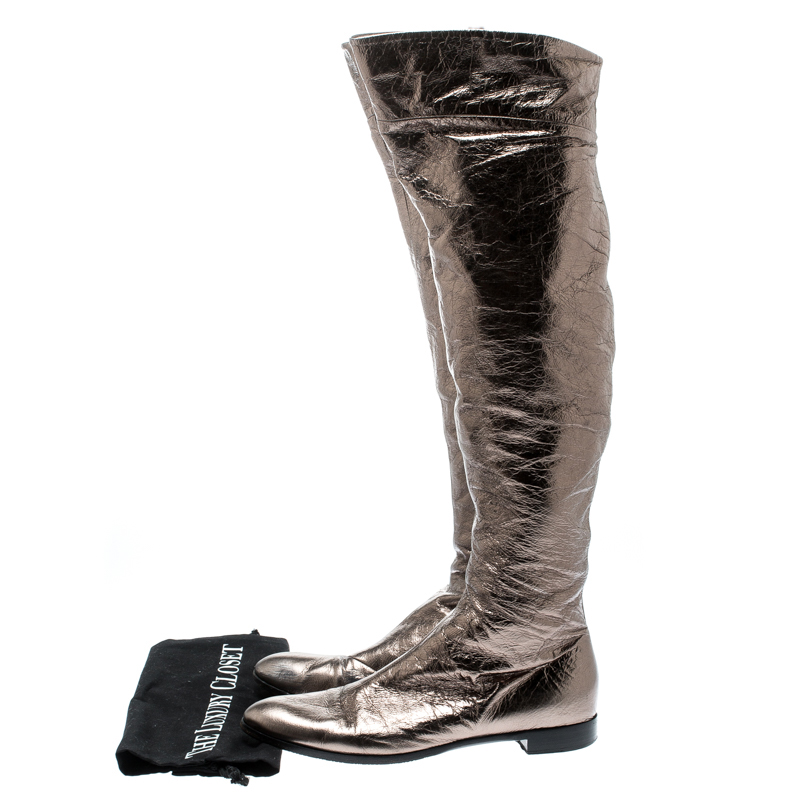 Sergio Rossi Metallic Grey Leather Knee Length Boots Size 39