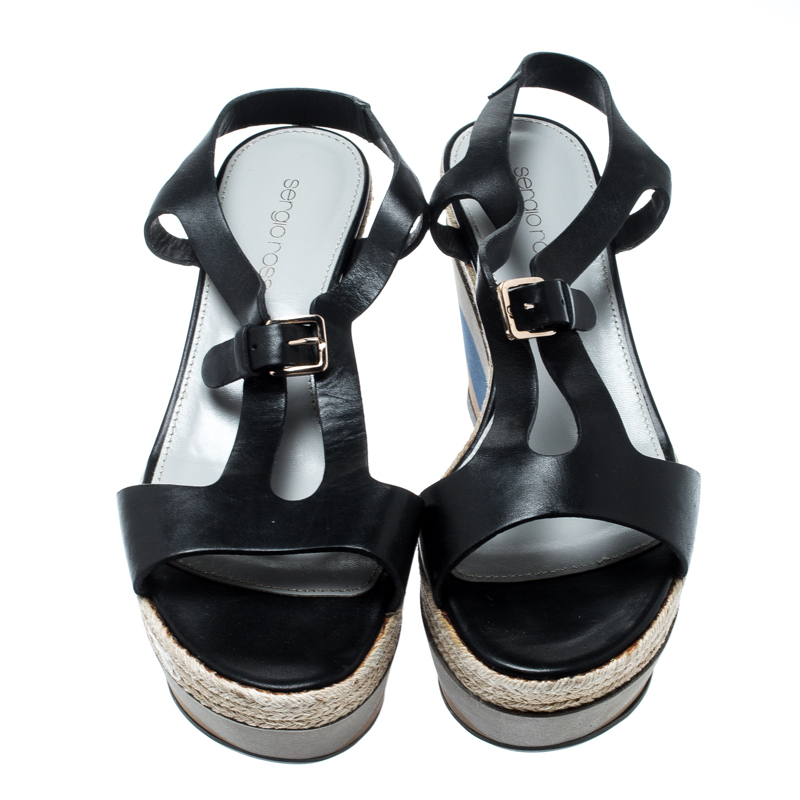 Sergio Rossi Black Leather Ankle Strap Wedge Sandals Size 36.5