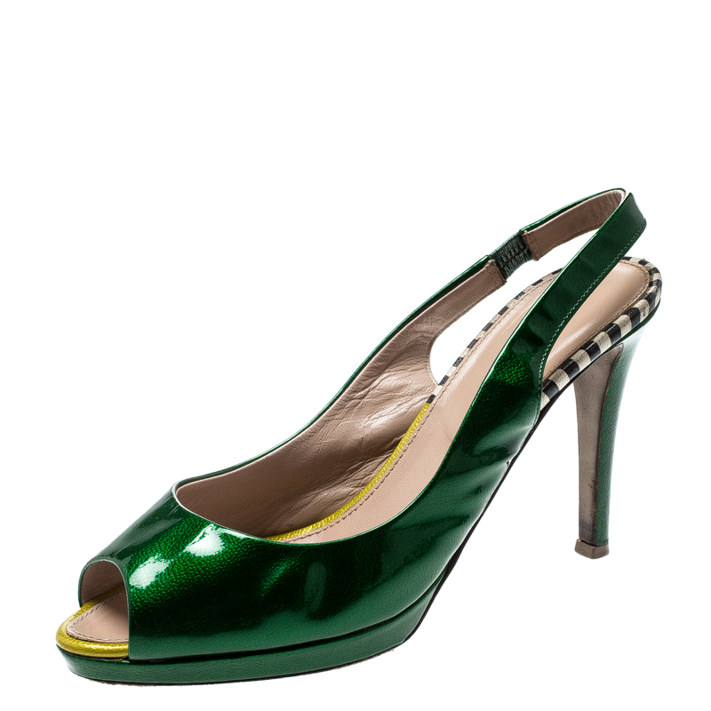 Sergio rossi green patent leather peep toe slingback sandals size 37