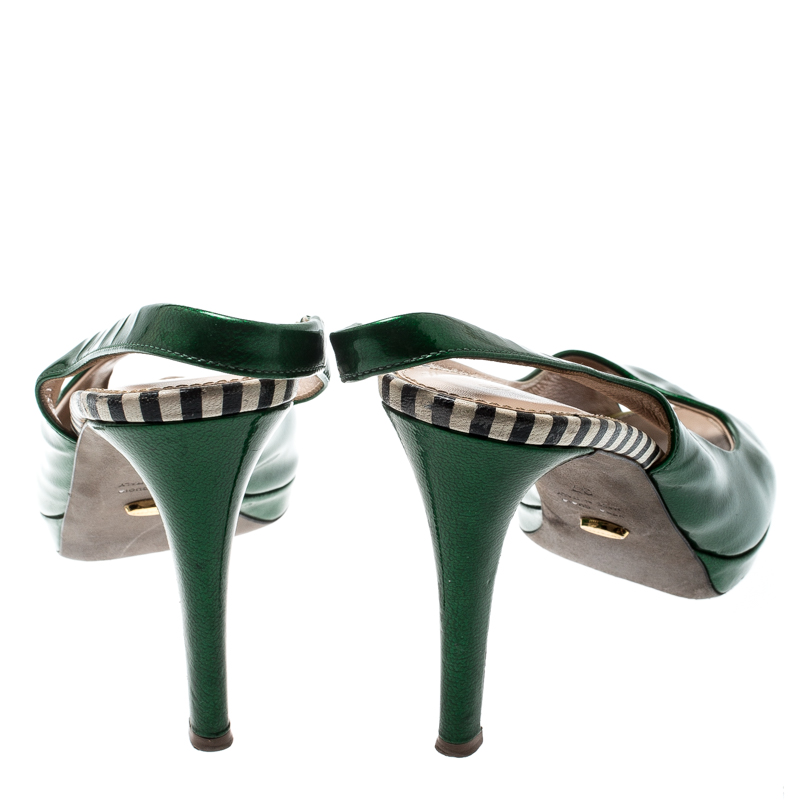 Sergio Rossi Green Patent Leather Peep Toe Slingback Sandals Size 37
