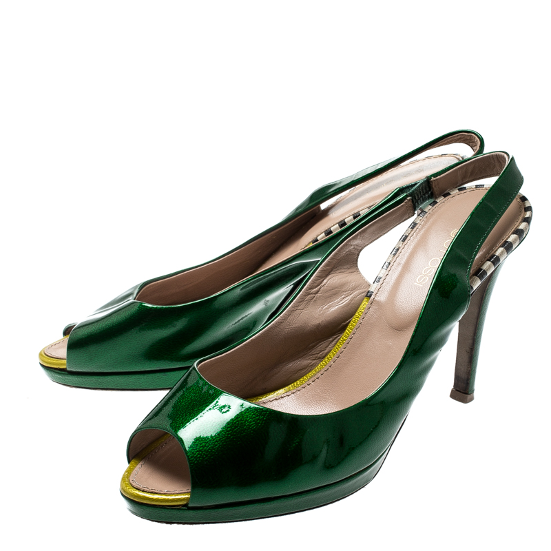 Sergio Rossi Green Patent Leather Peep Toe Slingback Sandals Size 37