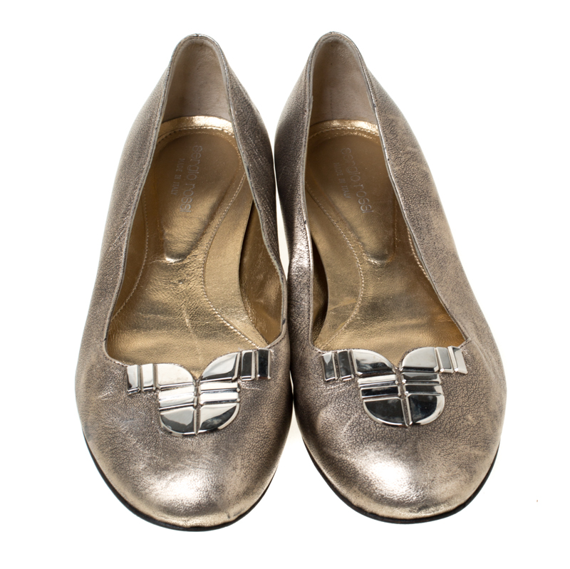 Sergio Rossi Metallic Silver Leather Ballet Flats Size 39