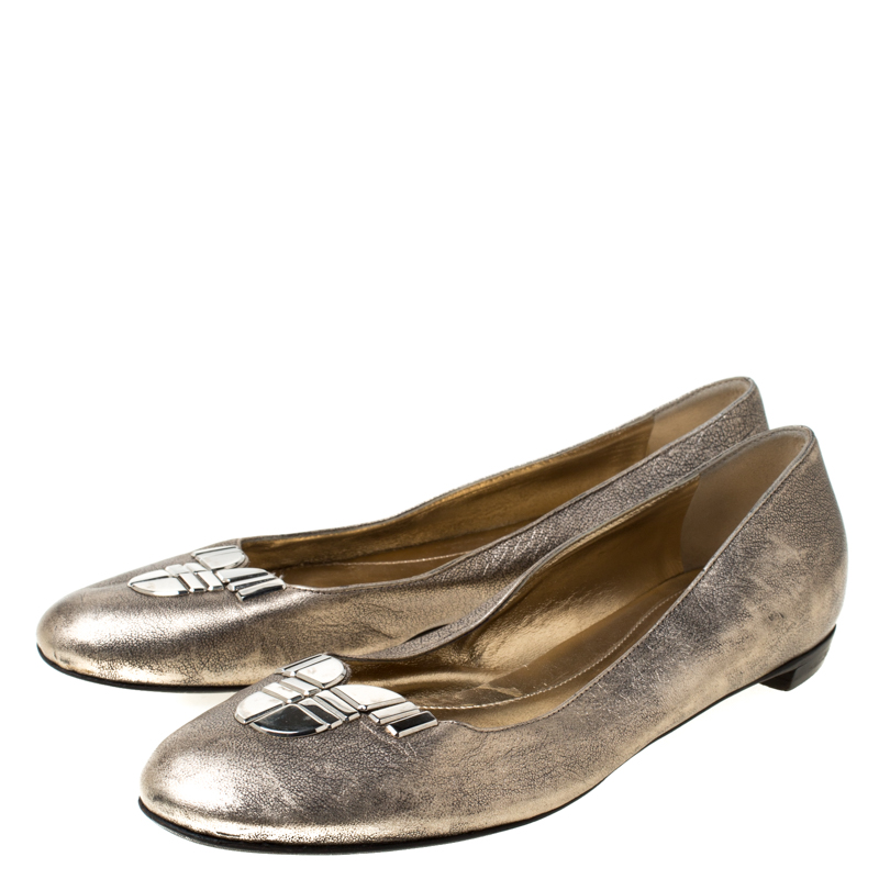 Sergio Rossi Metallic Silver Leather Ballet Flats Size 39