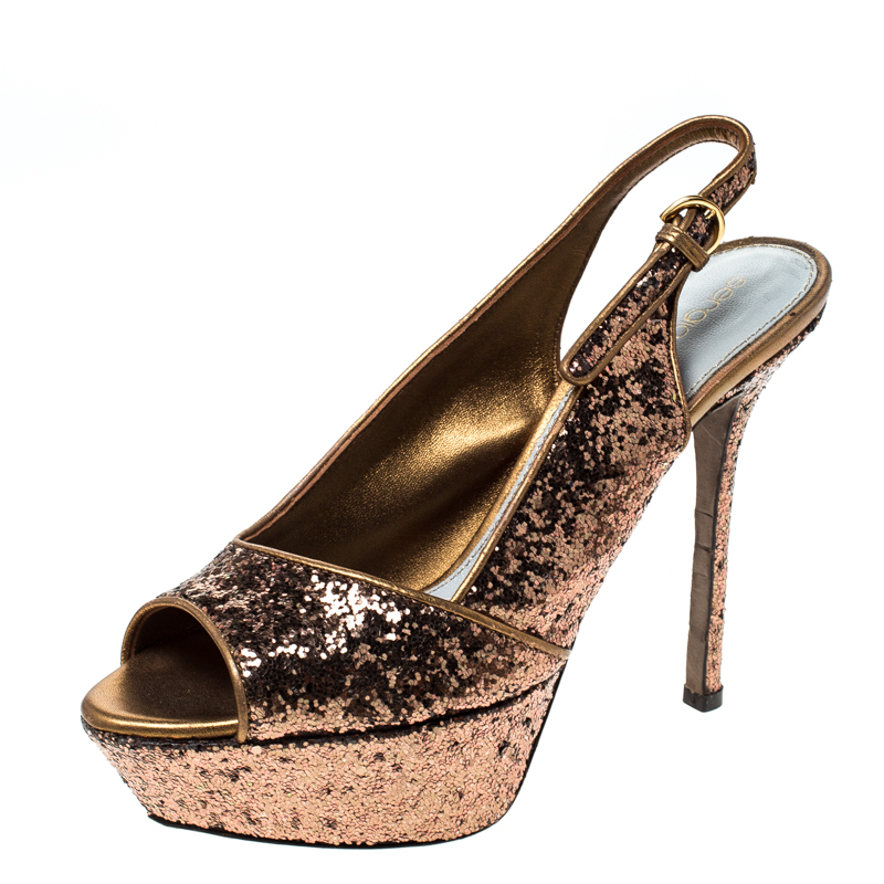 Sergio Rossi Metallic Gold Platform Slingback Peep Toe Sandals Size 36