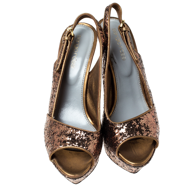 Sergio Rossi Metallic Gold Platform Slingback Peep Toe Sandals Size 36