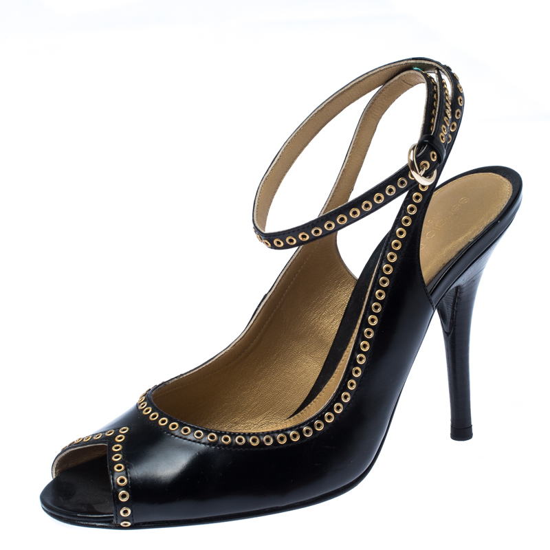 Image of Sergio Black Eyelet Leather Peep Toe Slingback Sandals Size