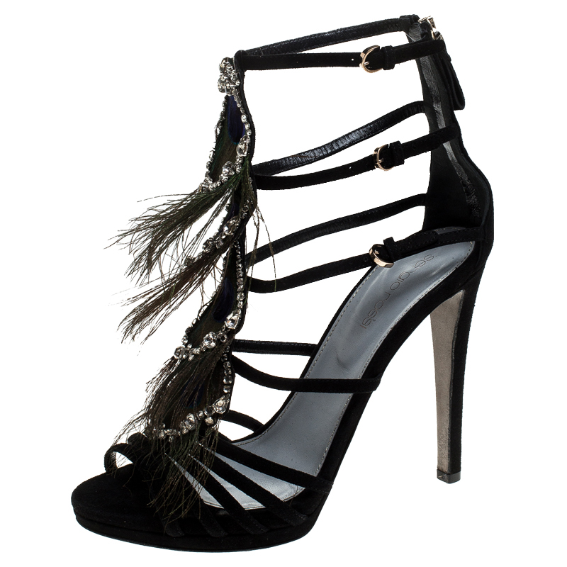 Image of Sergio Rossi Black Suede Crystal And Peacock Embellished Platform Strappy Platform Sandals Size