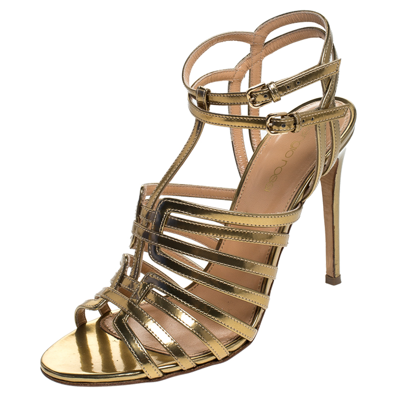 Image of Sergio Rossi Gold Patent Leather Ines High Strappy Sandals Size .