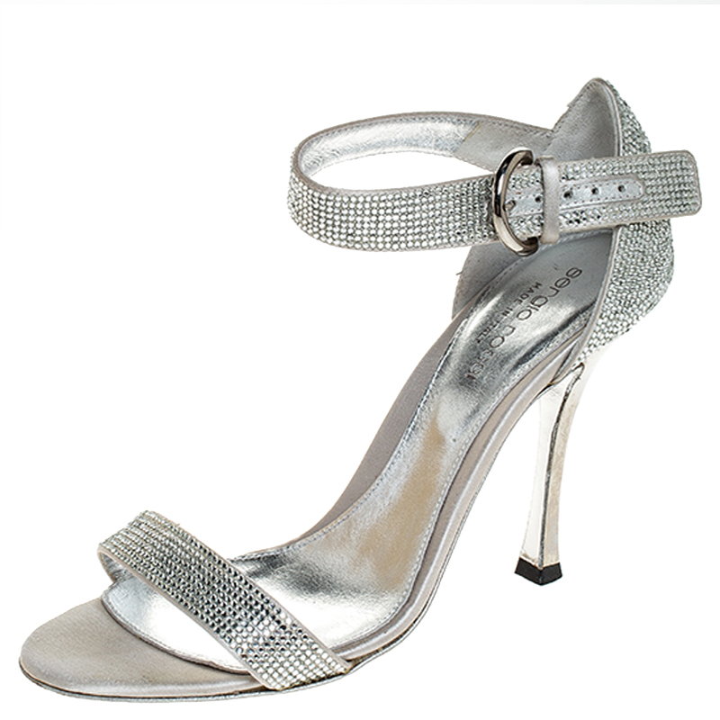Image of Sergio Rossi Grey Crystal Embellished Satin Open Toe Ankle Strap Sandals Size