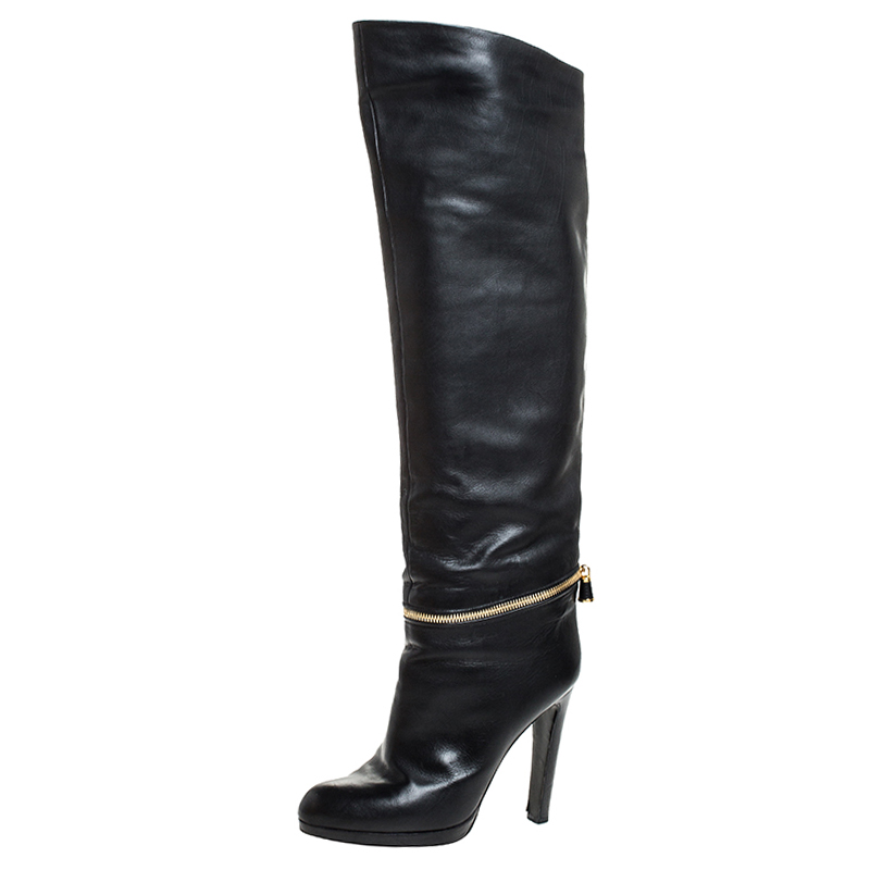 Image of Sergio Rossi Black Leather Zip Detail Knee High Boots Size .