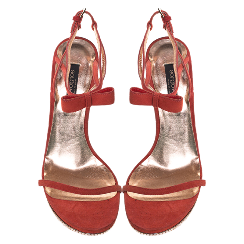 Sergio Rossi Red Suede Crystal Embellished Ankle Strap Platform Sandals Size 37
