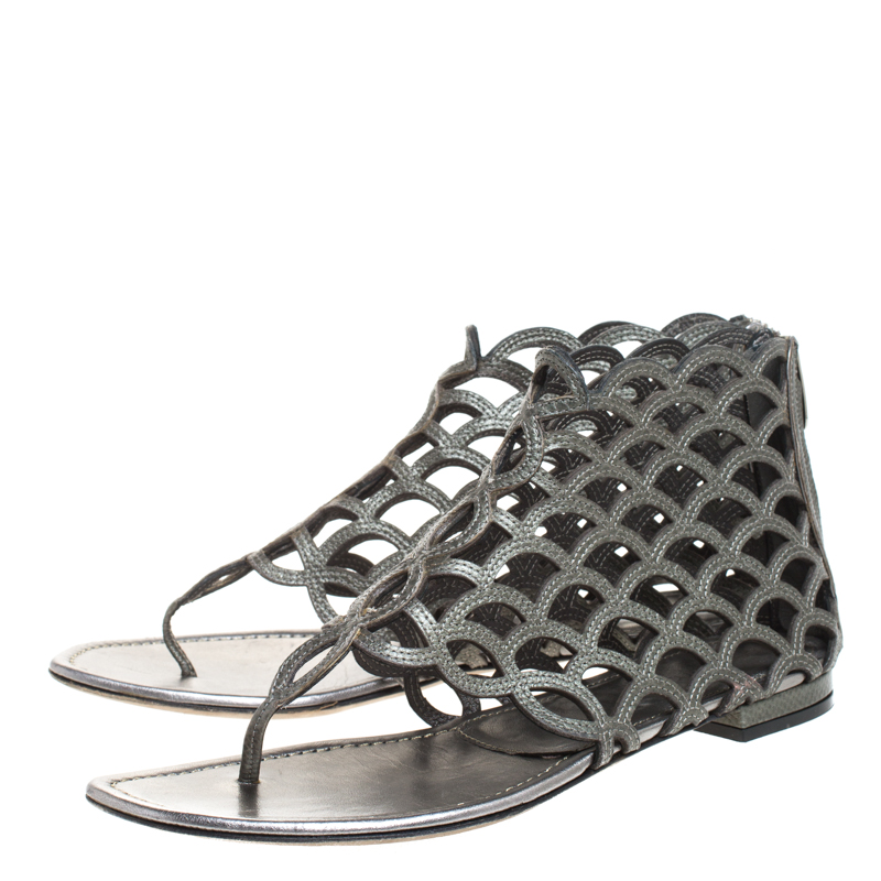 Sergio Rossi Metallic Grey Leather Cut Out Scalloped Flat Sandals Size 37.5