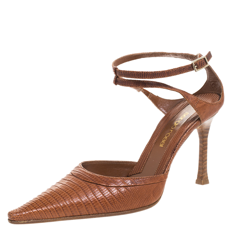 Image of Sergio Rossi Brown Lizard Leather Pointed Toe Ankle Strap Sandals Size