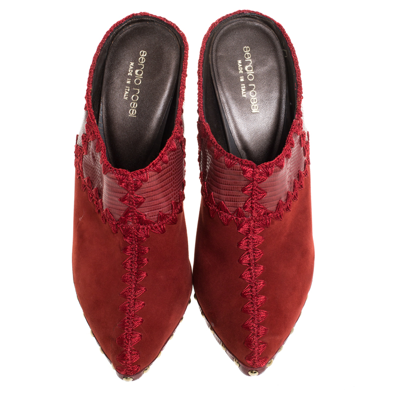 Sergio Rossi Red Wild Stitch Suede And Lizard Embossed Leather Clogs Size 38.5